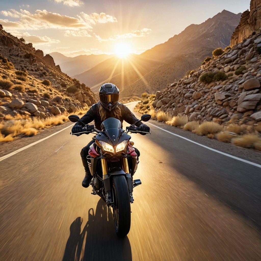 A scenic view of a passionate biker riding a powerful motorcycle through a breathtaking mountain landscape, showcasing various high-performance bikes and gear scattered around. The sun sets in the background, casting a golden glow on the scene. Include elements of adventure, freedom, and exhilaration with wind-swept hair and motion blur effects on the bike. Capture the spirit of outdoor exploration and the thrill of the ride. super-realistic. vibrant colors. high detail.