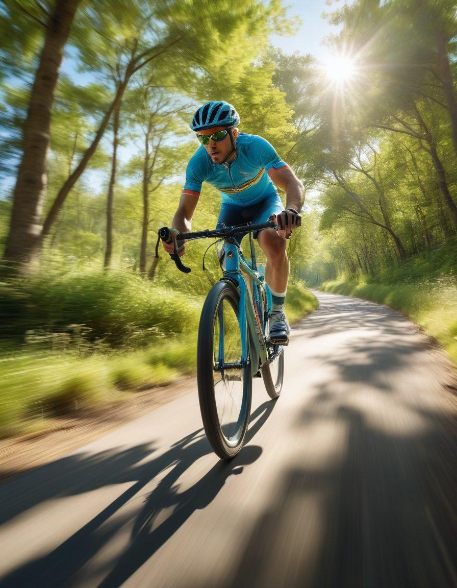 A dynamic scene depicting a passionate biker racing through a scenic landscape on a high-performance bicycle, with motion blur to convey speed. Surrounding the biker are vibrant natural elements like lush green hills and a blue sky with fluffy clouds, symbolizing freedom and adventure. The bicycle should be customized, showcasing advanced technology and sleek design. Include a hint of sunlight breaking through the trees to enhance the excitement. super-realistic. vibrant colors. outdoor theme.