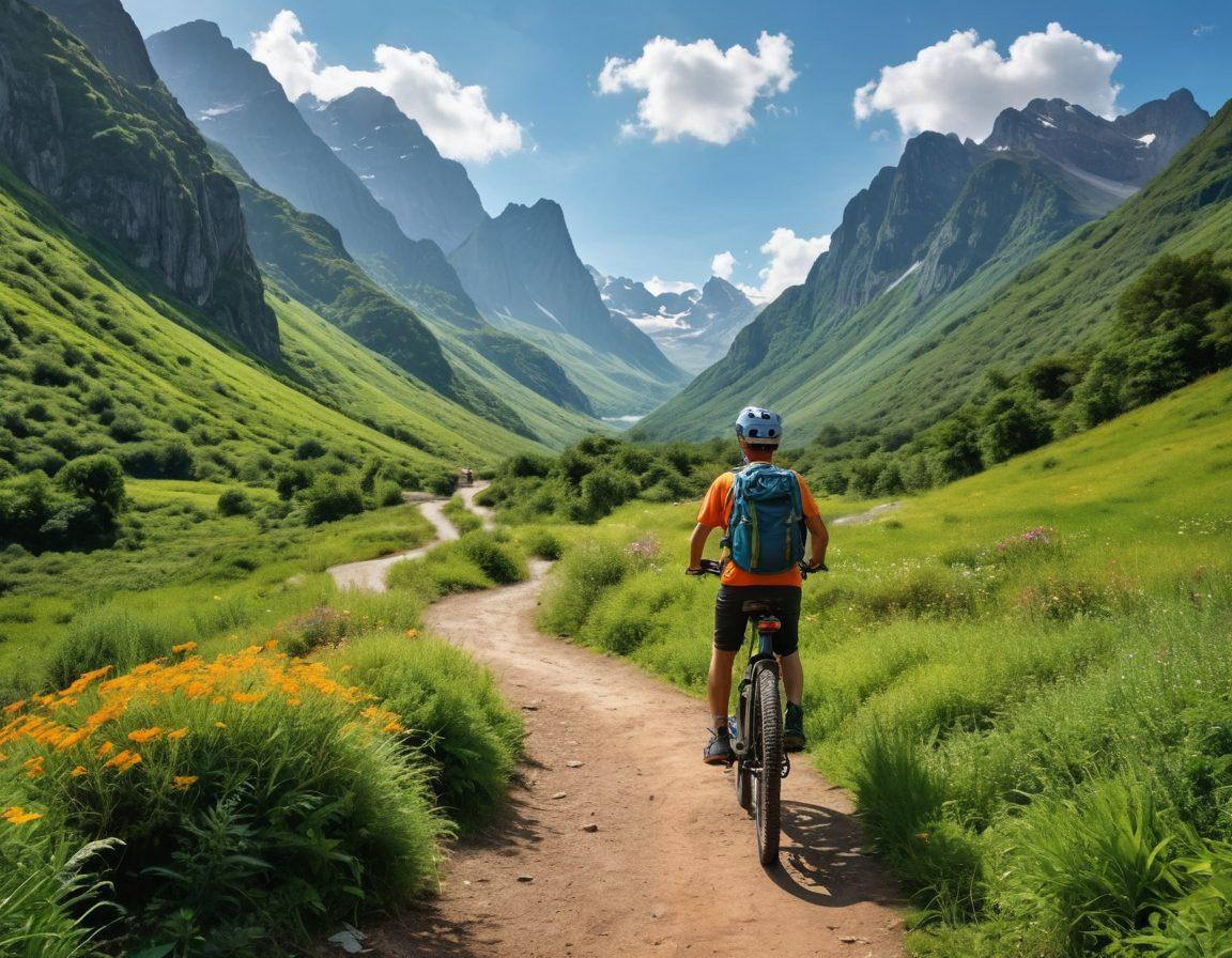 A vibrant landscape showcasing a winding mountain trail with a diverse range of e-bikes and mountain bikes parked along the path, surrounded by lush greenery and dramatic mountain peaks. In the foreground, a rider happily adjusts their helmet, hinting at adventure and discovery. The scene captures the essence of exploration and companionship in biking. super-realistic. vibrant colors. outdoor adventure.